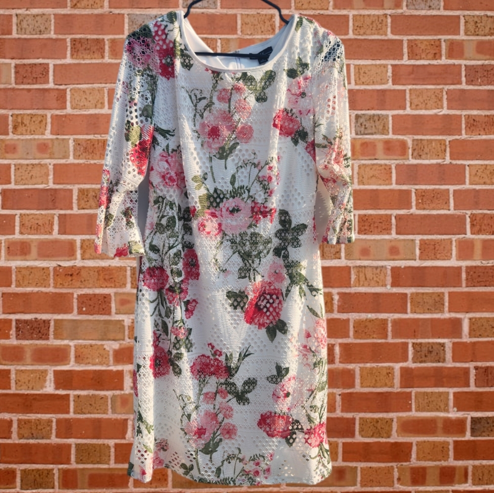 R&K White and Floral over Lace Midi  ¾ sleeves dress size 4